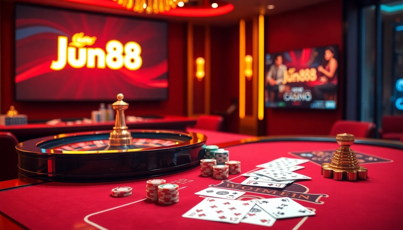 Experience the thrill of Jun88 online casino with vibrant gaming tables and exciting poker action.