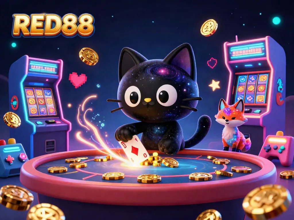 Experience the thrill of RED88 with a cosmic casino scene featuring a playful black hole cat and vibrant game elements.
