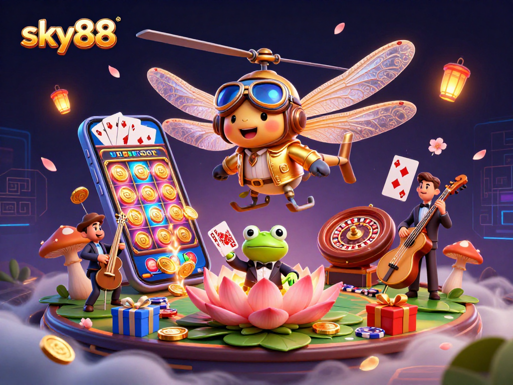 Experience gameplay excitement at sky88 with a digital illustration showcasing casino elements and vibrant characters.