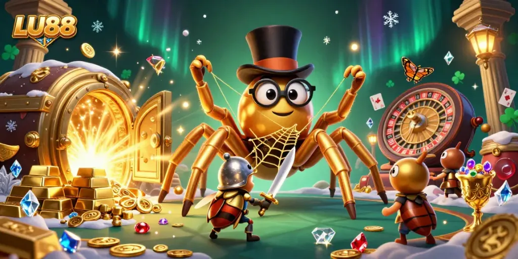 LU88 showcases a vibrant casino scene with a golden tarantula, beetle knight, and gems, amplifying excitement.