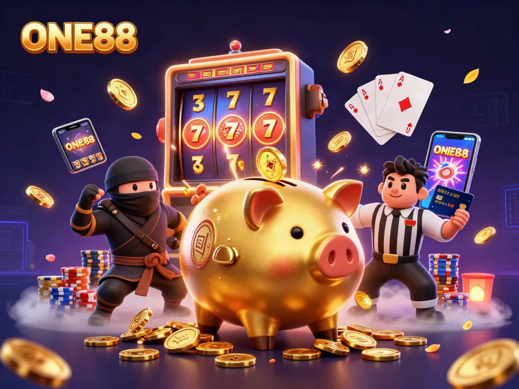 Engage with ONE88's vibrant casino action featuring a golden piggy bank sumo wrestler and dynamic game elements.