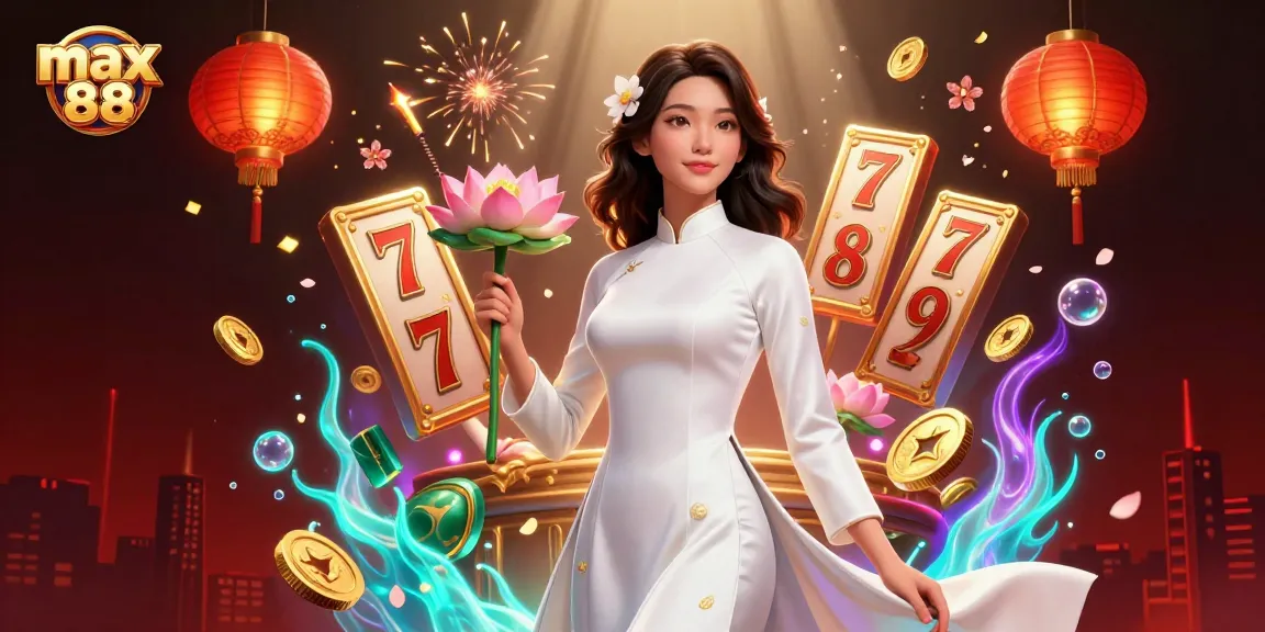 Engage in the thrilling universe of max 88 with an elegant Asian woman symbolizing grace and luck amidst rich casino elements.