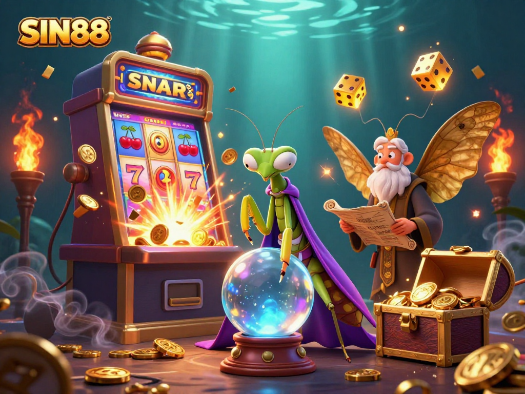 SIN88 engages players with a vibrant casino scene featuring fortune tellers, jackpots, and dynamic game elements.