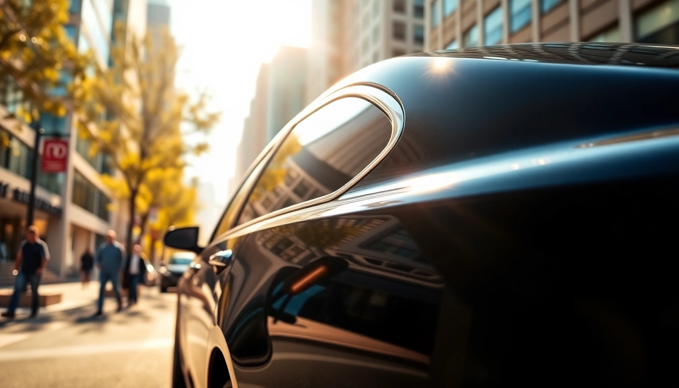Get quality auto window tint near me highlighted in a professional car parked against a vibrant urban background.