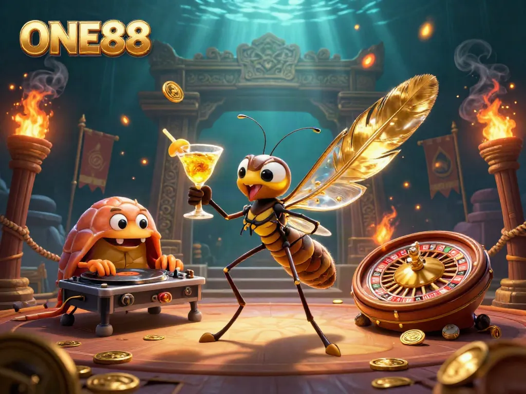 Engage with ONE88's vibrant casino atmosphere featuring dynamic characters and golden symbols.