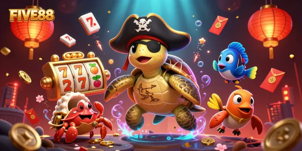 FIVE88 showcases a lively 3D scene filled with pirate-themed characters and vibrant slot game elements.