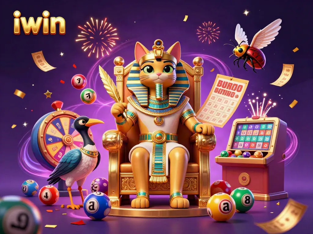 Experience thrilling gaming with iwin in a vibrant casino setting featuring a pharaoh cat and dynamic lottery elements.