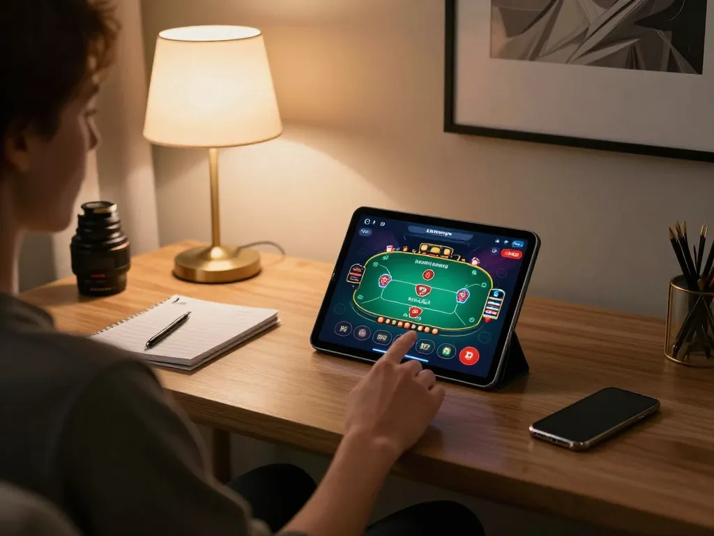 Engaging with the casino app at https://da88at.com/ in a stylish home office, showcasing dynamic poker gameplay