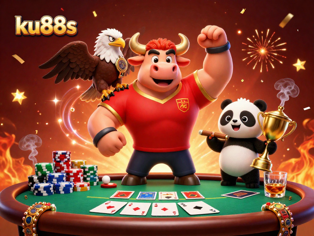 ku88s celebrates with a bull mascot, eagle, and panda amid a vibrant poker scene.