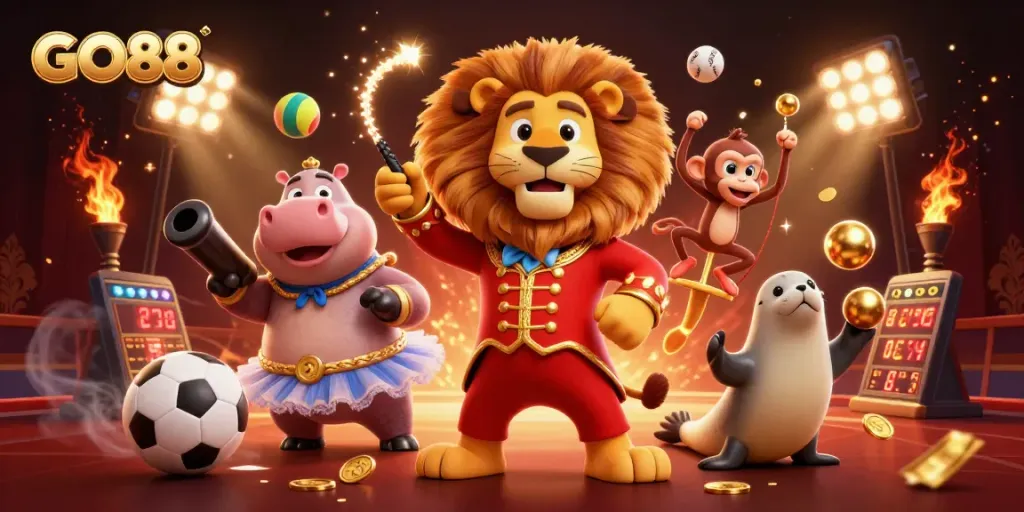 Experience the thrilling action of GO88 with dynamic gaming elements in a colorful casino scene.