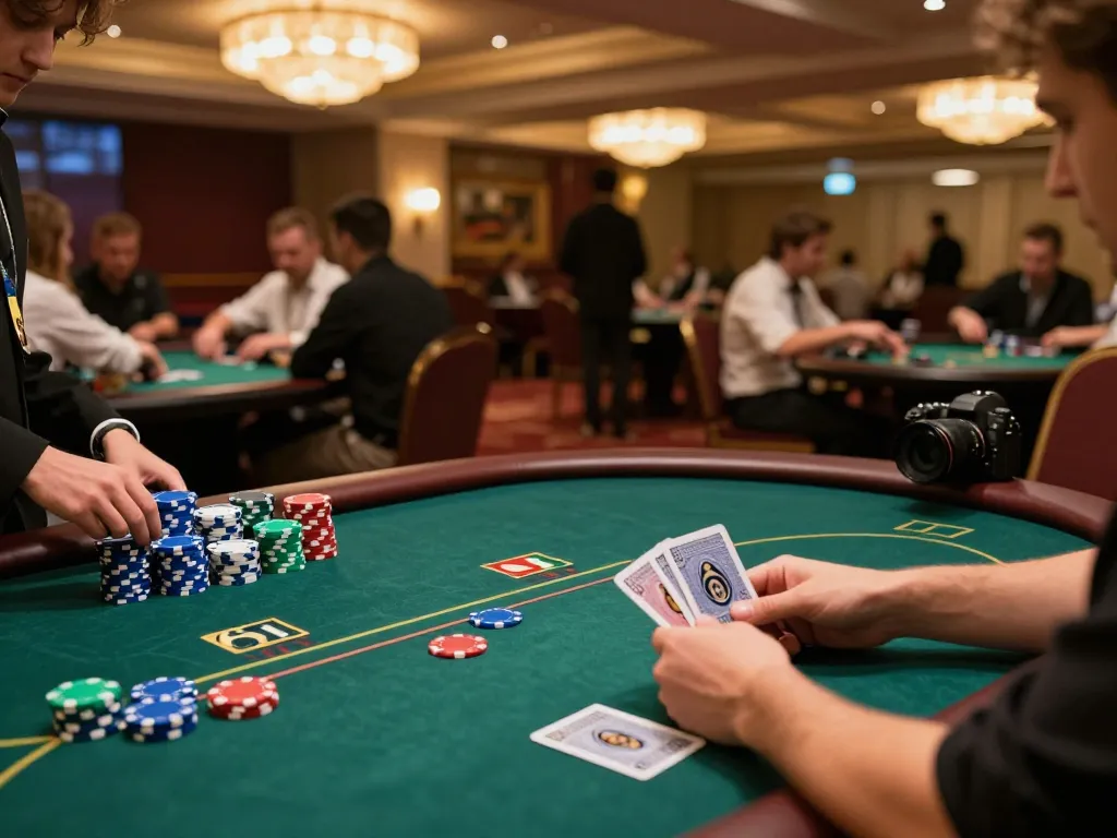 Strategizing poker players during an intense GA88 game night in an upscale casino.