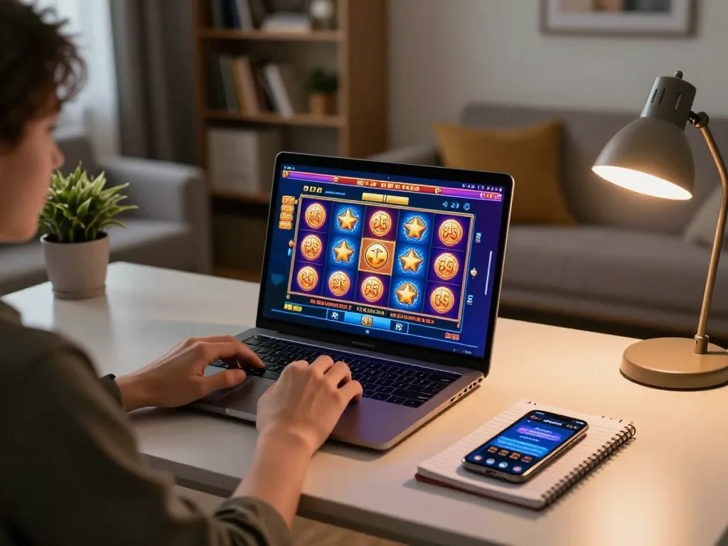 Engaging in online gaming at PH22 with vibrant slots on the laptop and strategic notes nearby.