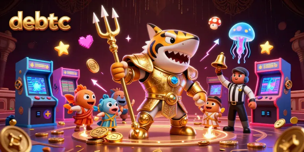 Engage in thrilling gameplay at debetc with vibrant arcade machines and a fierce shark warrior amongst a cheering crowd.