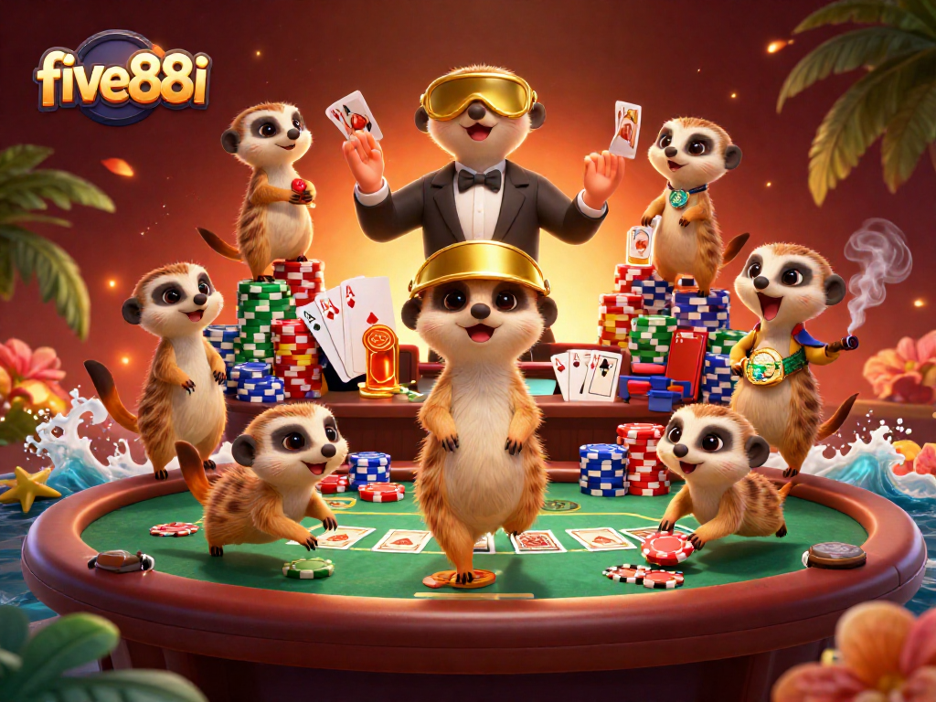 Experience the vibrant energy of five88i casino with meerkats managing gaming action and poker chips.