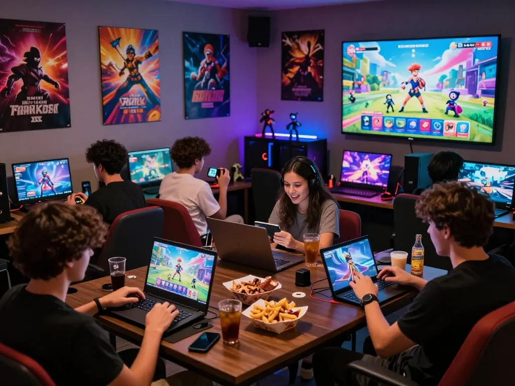 Friends enjoying engaging xxx games in a cozy gaming lounge with colorful decor.