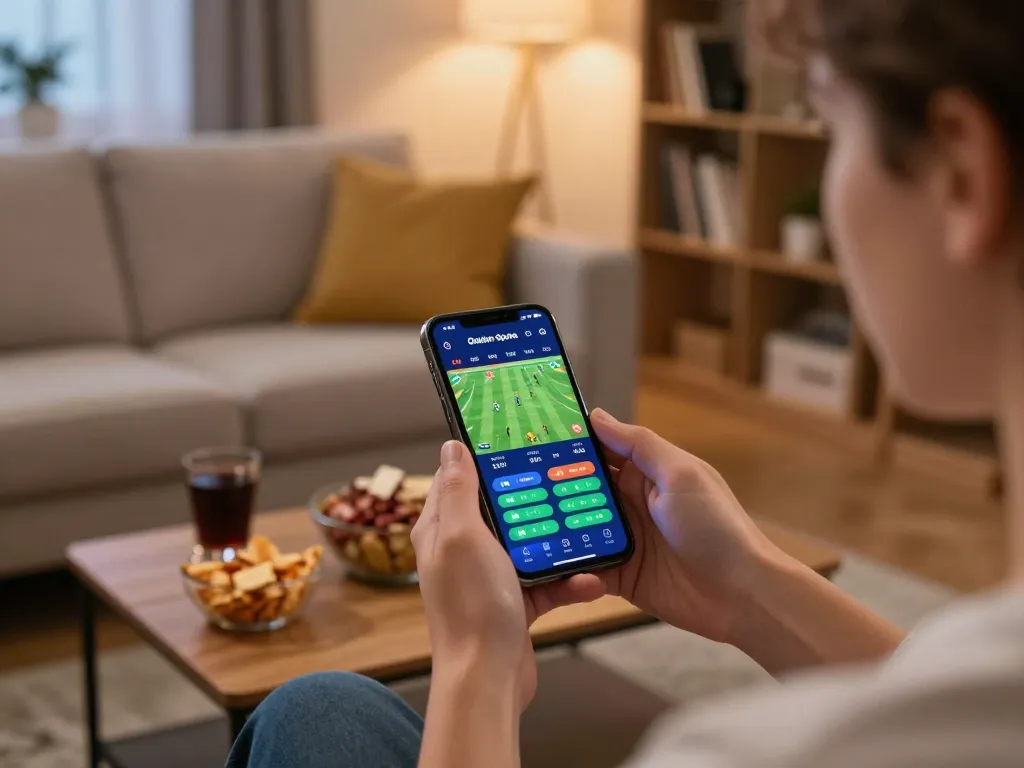 Bl555 app user placing bets in a cozy living room setting, showcasing mobile gaming.