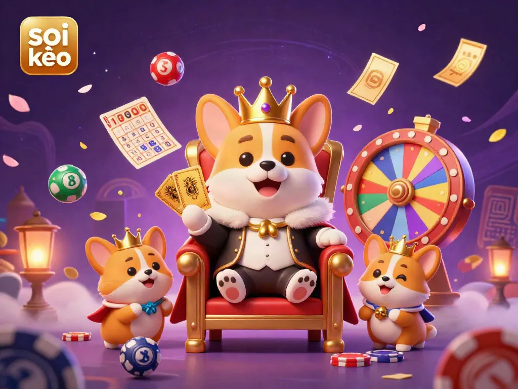 Soi kèo captures the royal corgi betting image with game-themed elements in a vibrant casino setting.