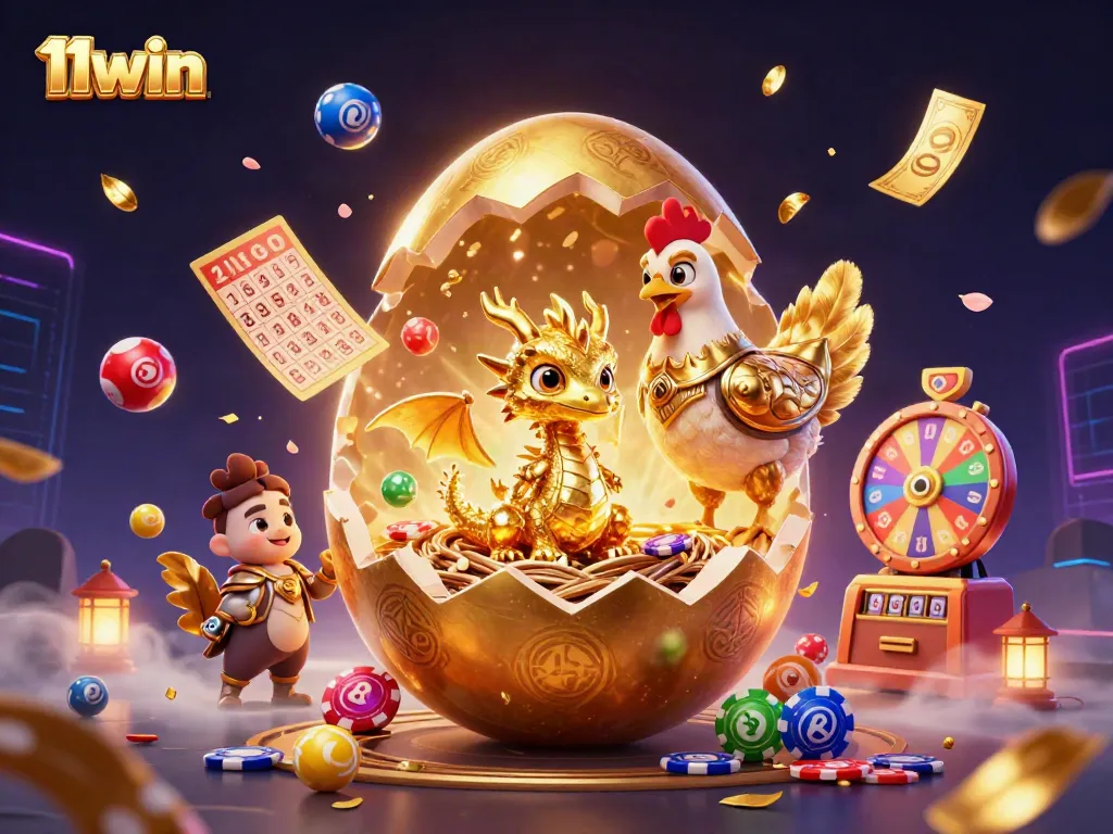 Engage with thrilling 11WIN games featuring a golden dragon and vibrant casino elements.