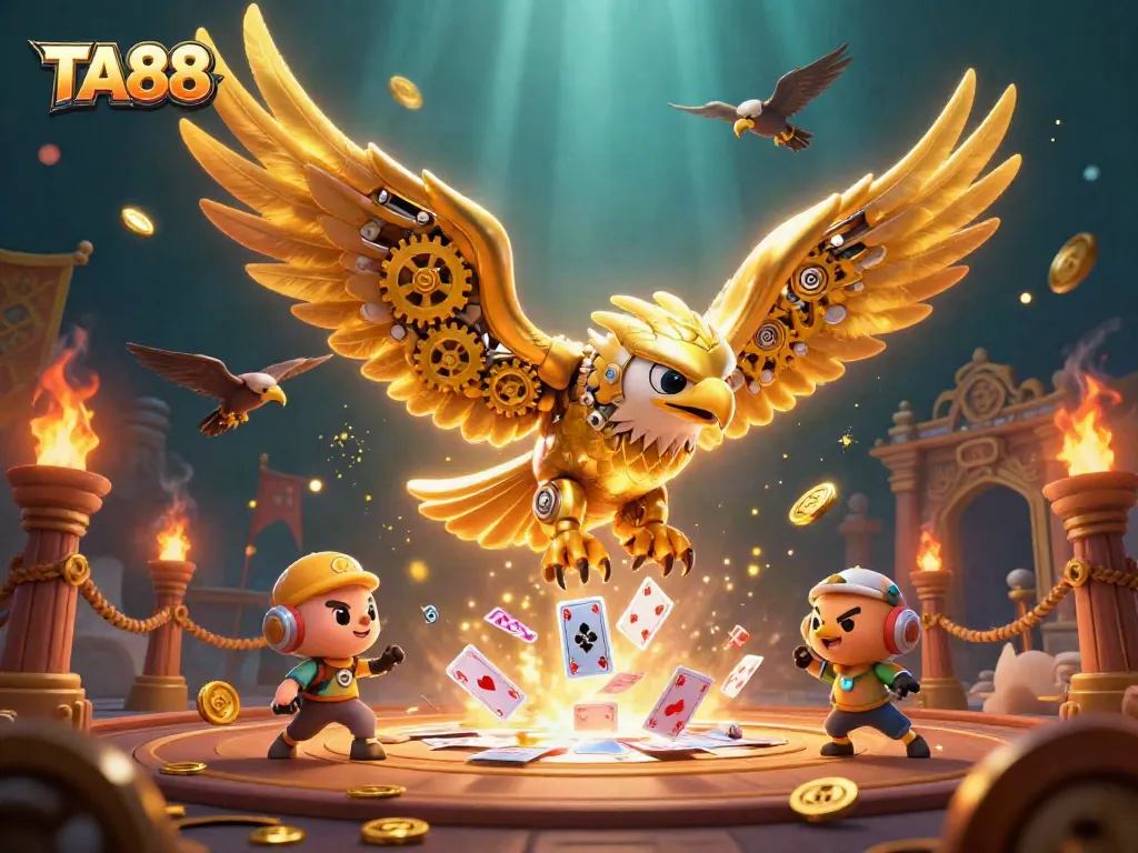 TA88 showcases a diving golden eagle amidst holographic cards, immersing players in thrilling online gaming.