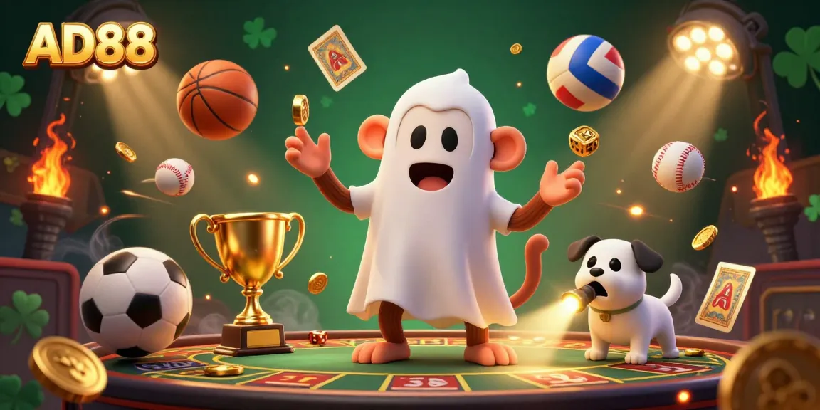 Engage with AD88 in a thrilling casino scene featuring energetic characters and dynamic sports elements.