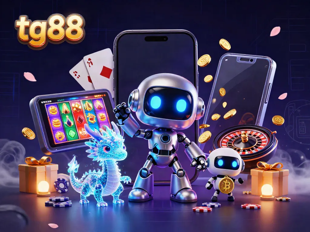 Engage in thrilling gaming at tg88 with a vibrant 3D scene showcasing a cyberpunk robot, AI dragon, and bitcoin drone in action.