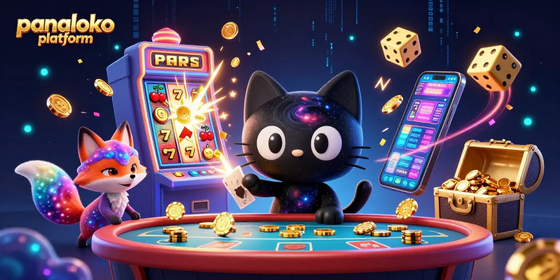 Experience the excitement of the panaloko platform with a black hole cat and colorful fox in a vibrant casino scene.