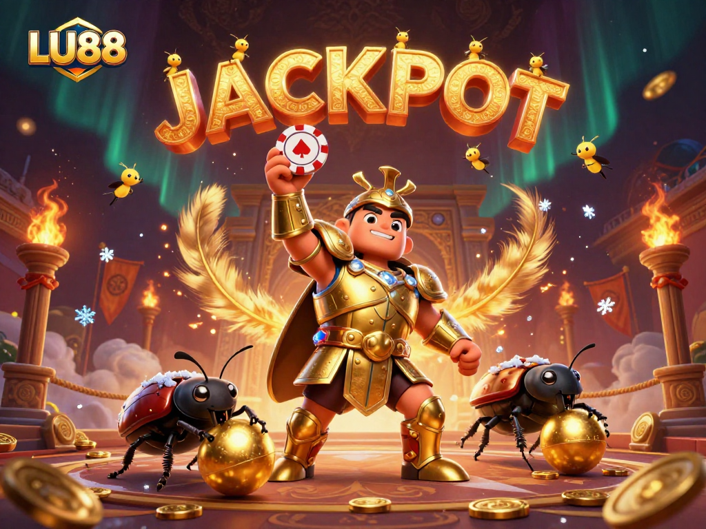 LU88 gaming adventure highlights a victorious beetle with jackpot excitement in a lavish 3D casino atmosphere.