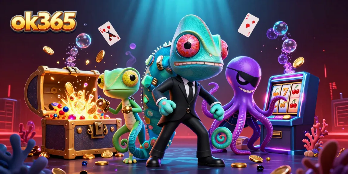 Experience exciting gambling action at ok365, featuring a chameleon and creative characters amidst vibrant gaming symbols.