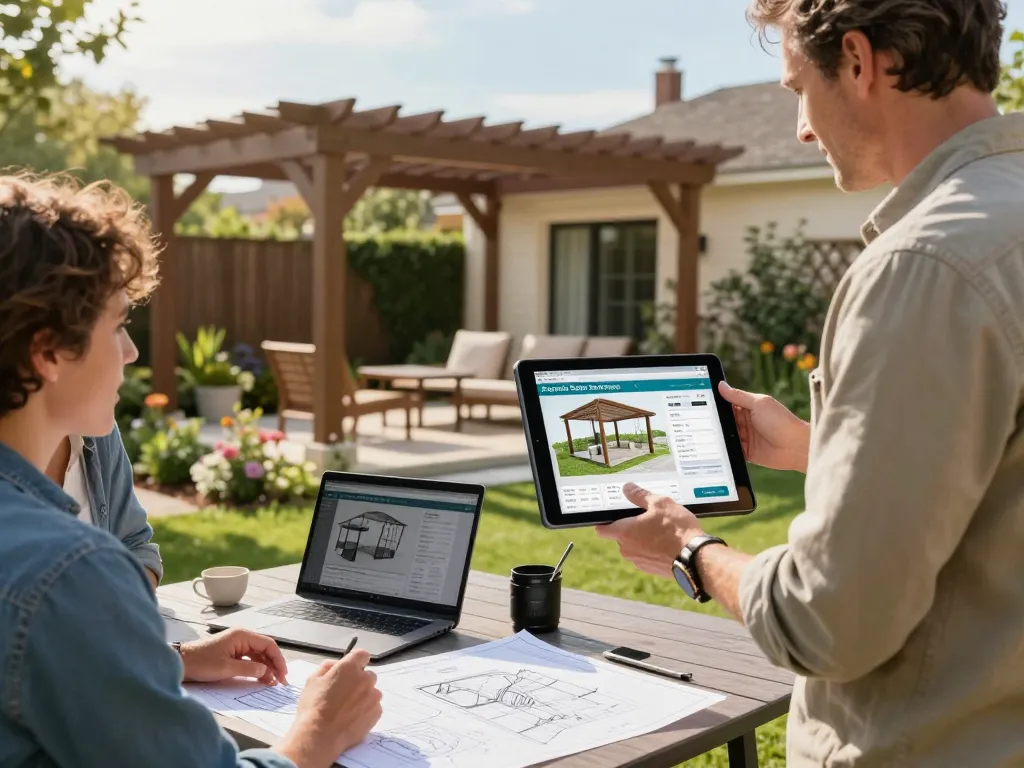 Pergola Sales Software in action, showcasing a customizable pergola model in a lush backyard setting.
