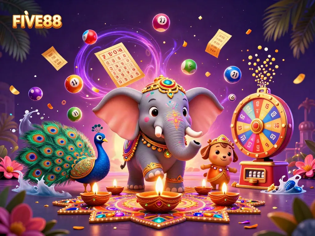 Engage with FIVE88's vibrant gaming world featuring dynamic lottery elements and colorful celebrations.