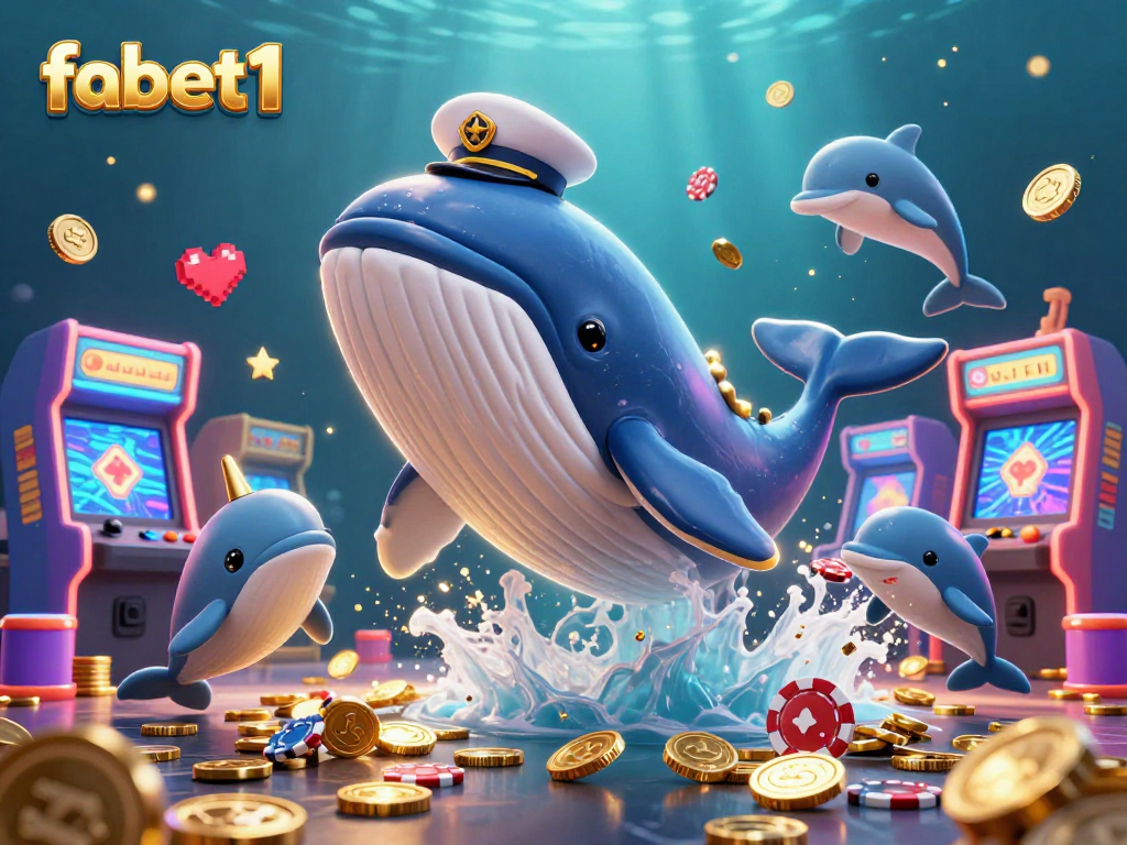 Experience fun with fabet1 featuring a cartoon whale and dolphin amid colorful casino elements.