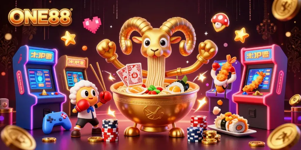 Experience the excitement of ONE88's vibrant casino world, featuring entertaining characters playing and dealing games.