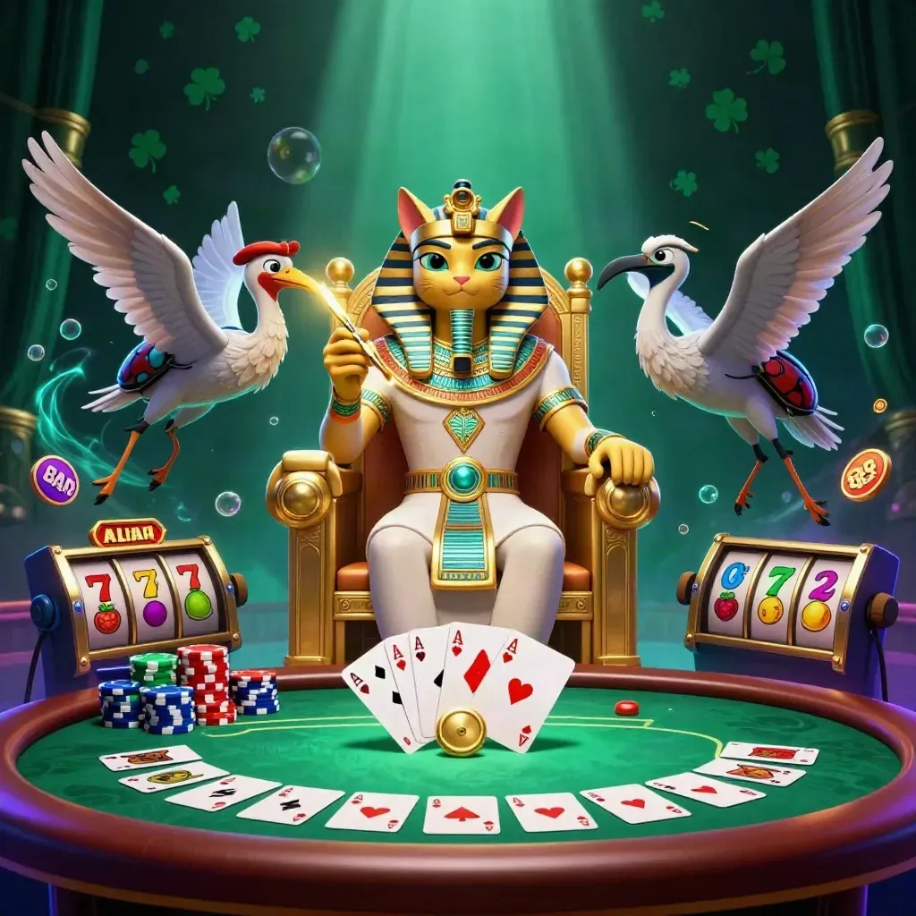 Pharaoh cat on a golden throne with ibis scribe, scarab beetles, cards, chips, and glowing casino effects.