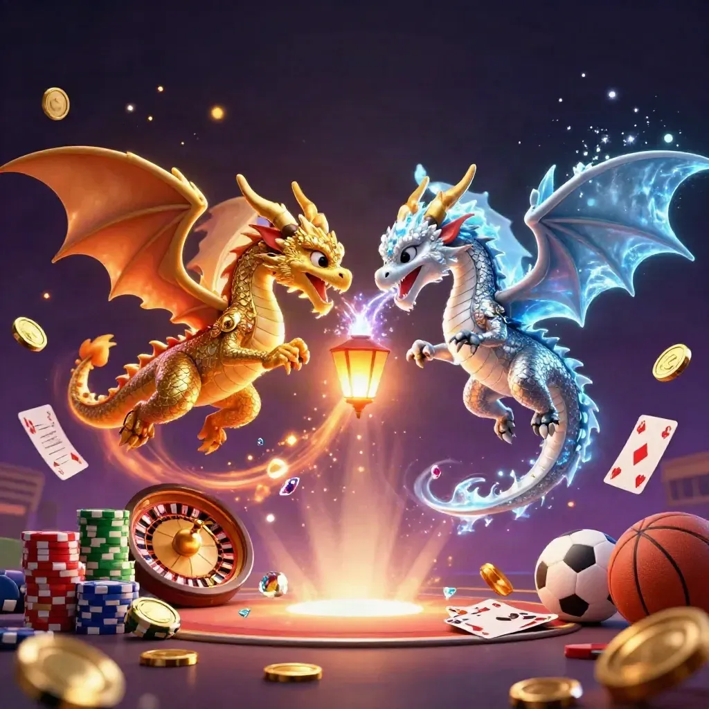 Gold and silver dragons twist in a fire-ice vortex with casino chips, coins, and glowing sports balls.
