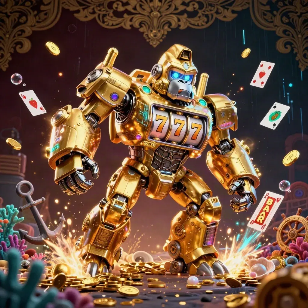 Golden gorilla mech with monkey pilot amid treasure cove, glowing reels, and neon casino light.