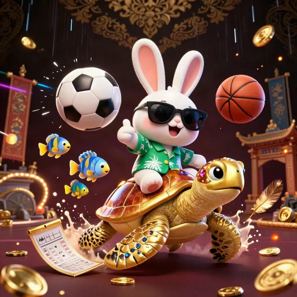 Cartoon rabbit on golden turtle amid casino sports props and neon effects.