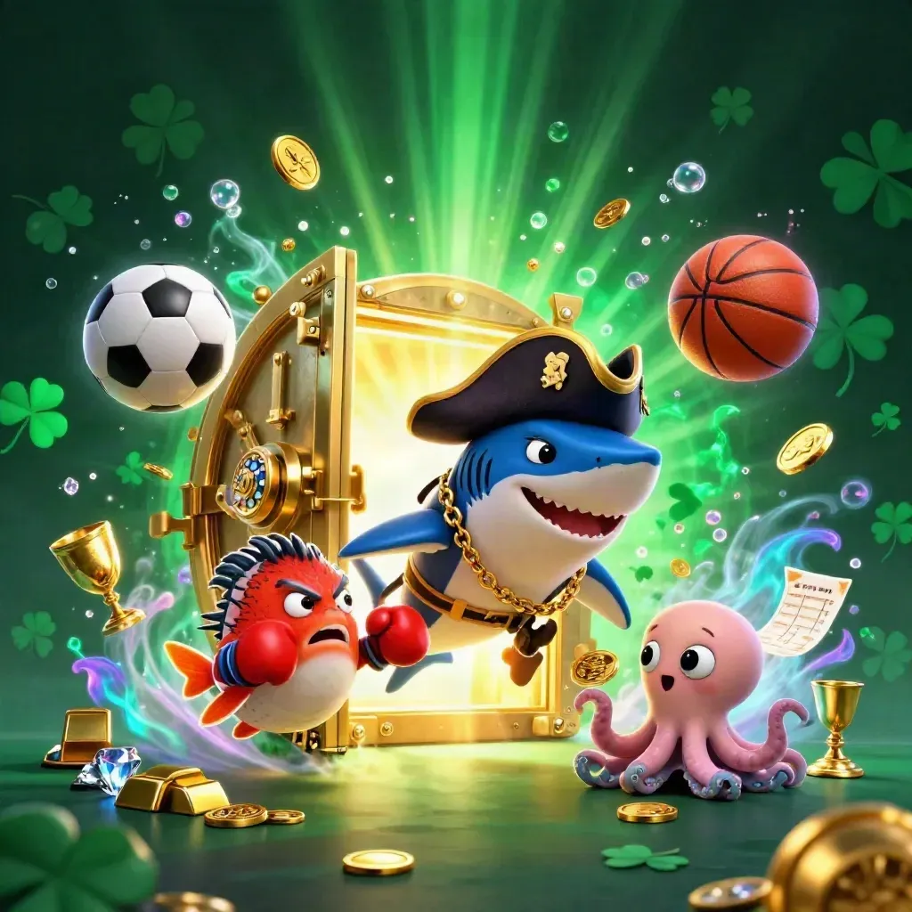 Pirate shark, pufferfish, and octopus amid gold, vault light, sports balls, and casino sparkle.