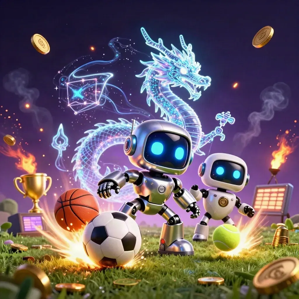 Robot mascot, holographic dragon and coin drone amid flying balls, trophy, sparks and gold coins
