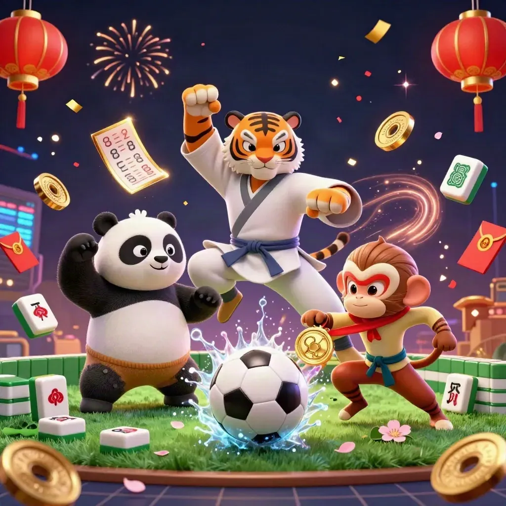 Kung-fu tiger, panda, and monkey amid soccer, basketball, and casino gold energy.