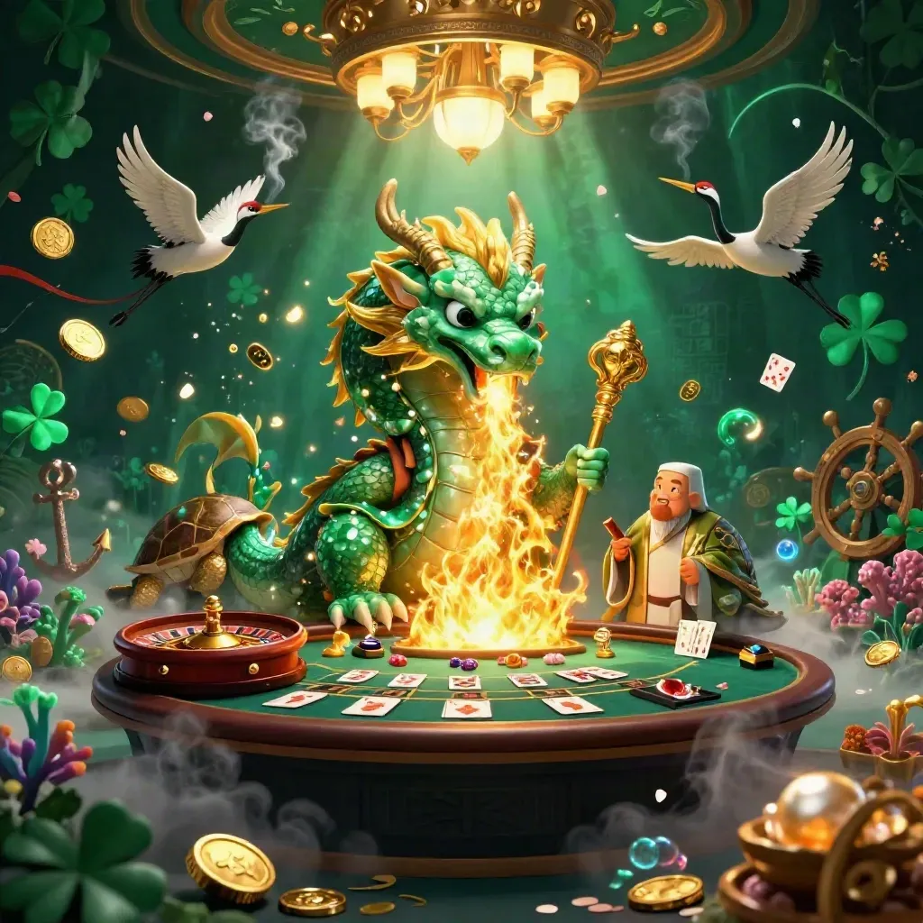 Jade dragon, turtle sage, and cranes amid casino treasure, brass light, and emerald magic.