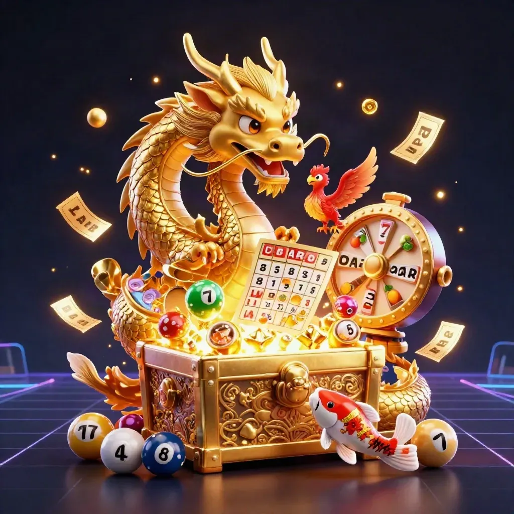 Golden dragon, phoenix, koi, and casino treasures bursting in a neon premium game tile.