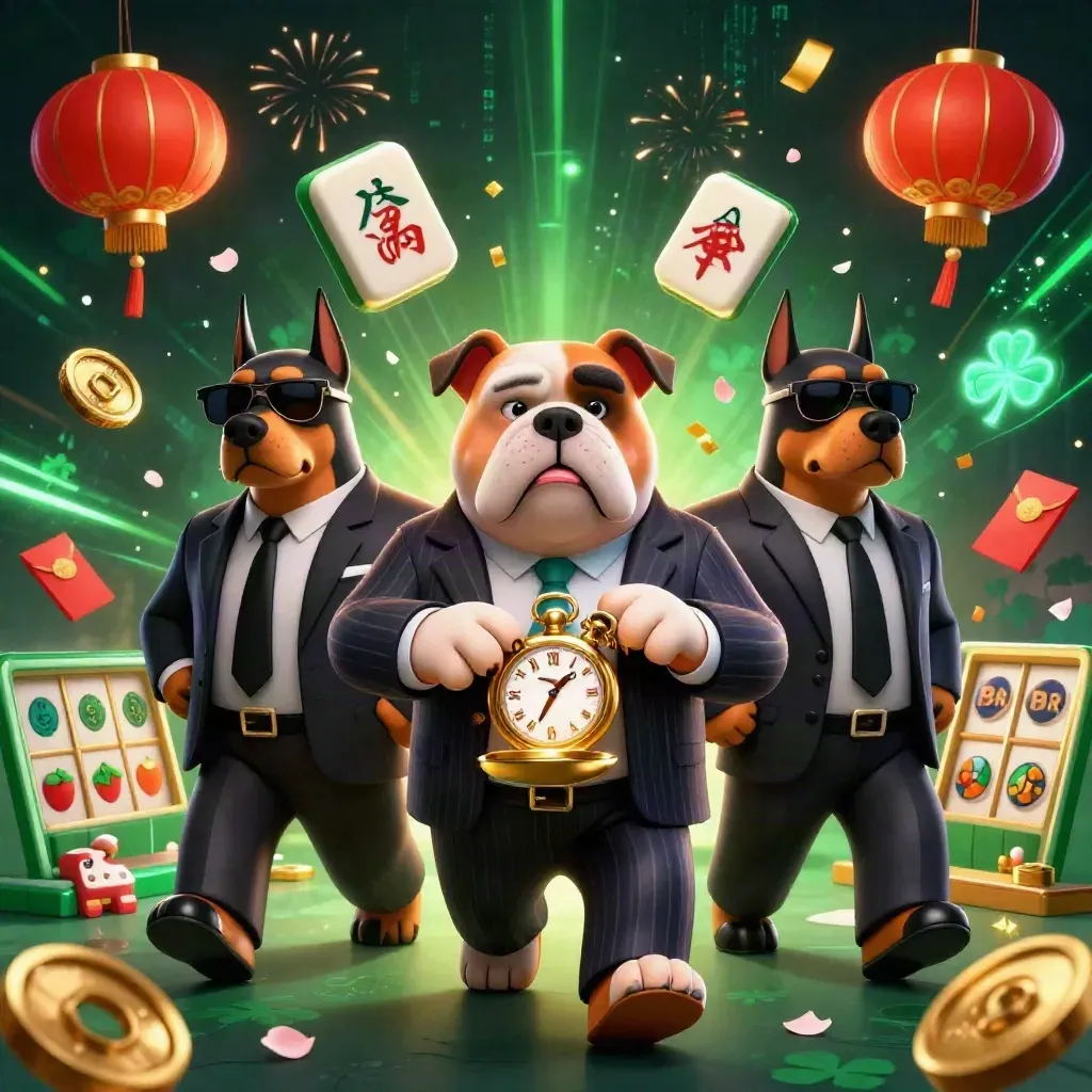 Mob bulldog and two Dobermans amid jade coins, lanterns, mahjong tiles, and casino effects