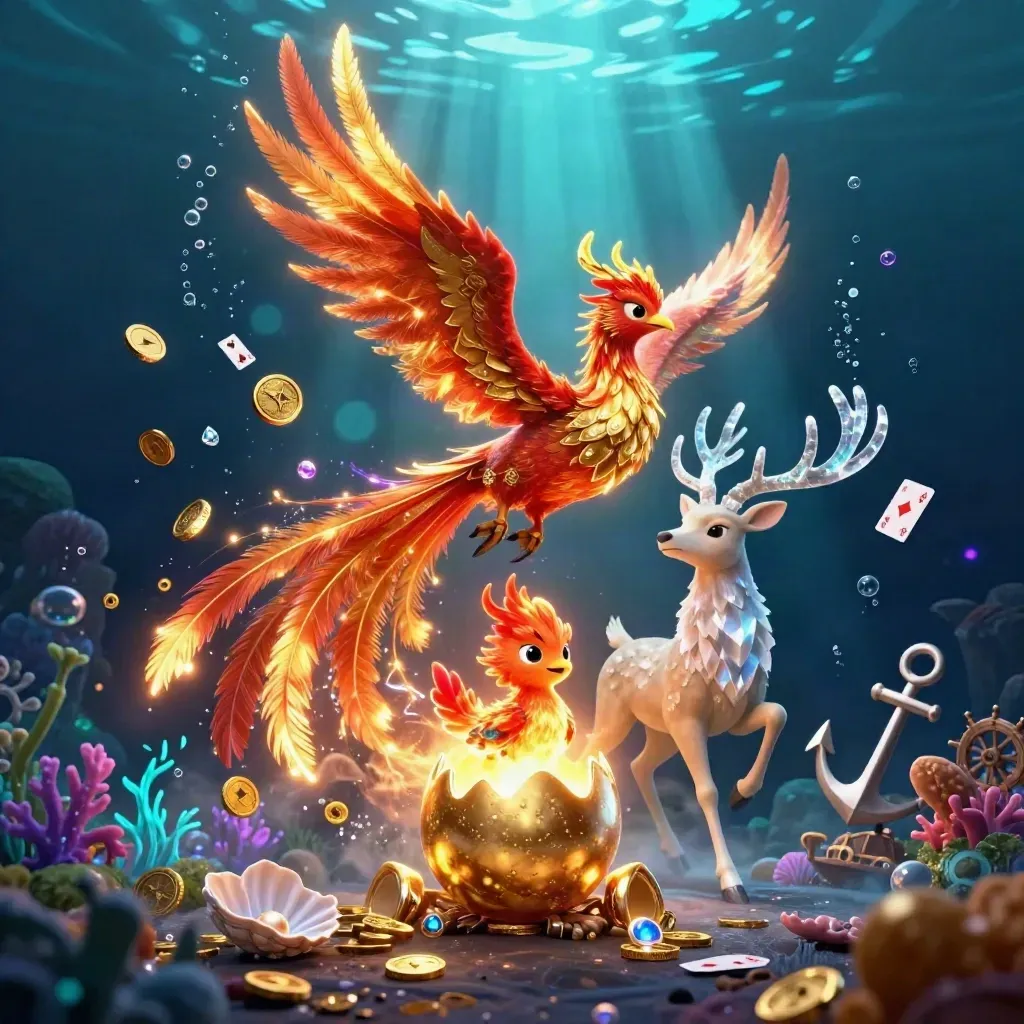 Phoenix trio in a glowing underwater treasure cove with coins, coral, and crystal antlers.