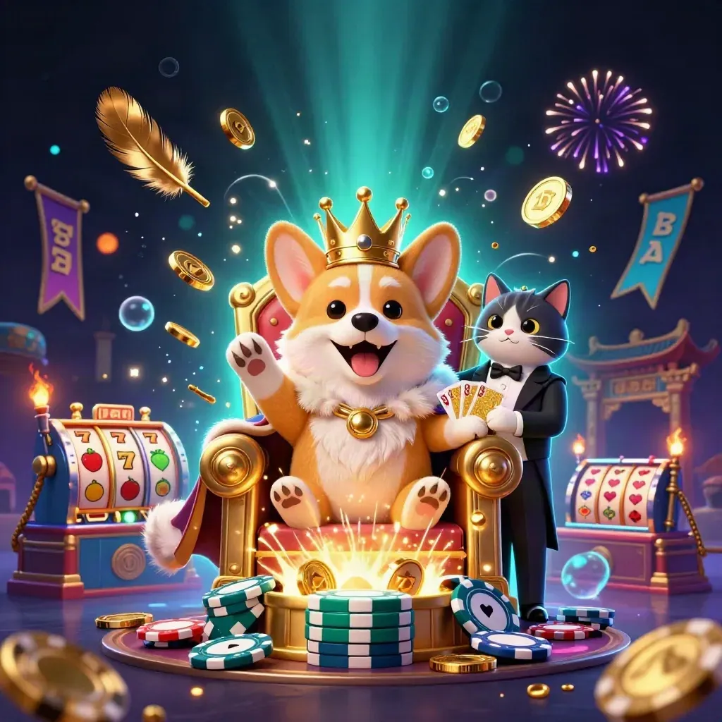 Royal corgi and cat butler amid bursting coins, reels, temple gate, and fireworks in neon casino glow.
