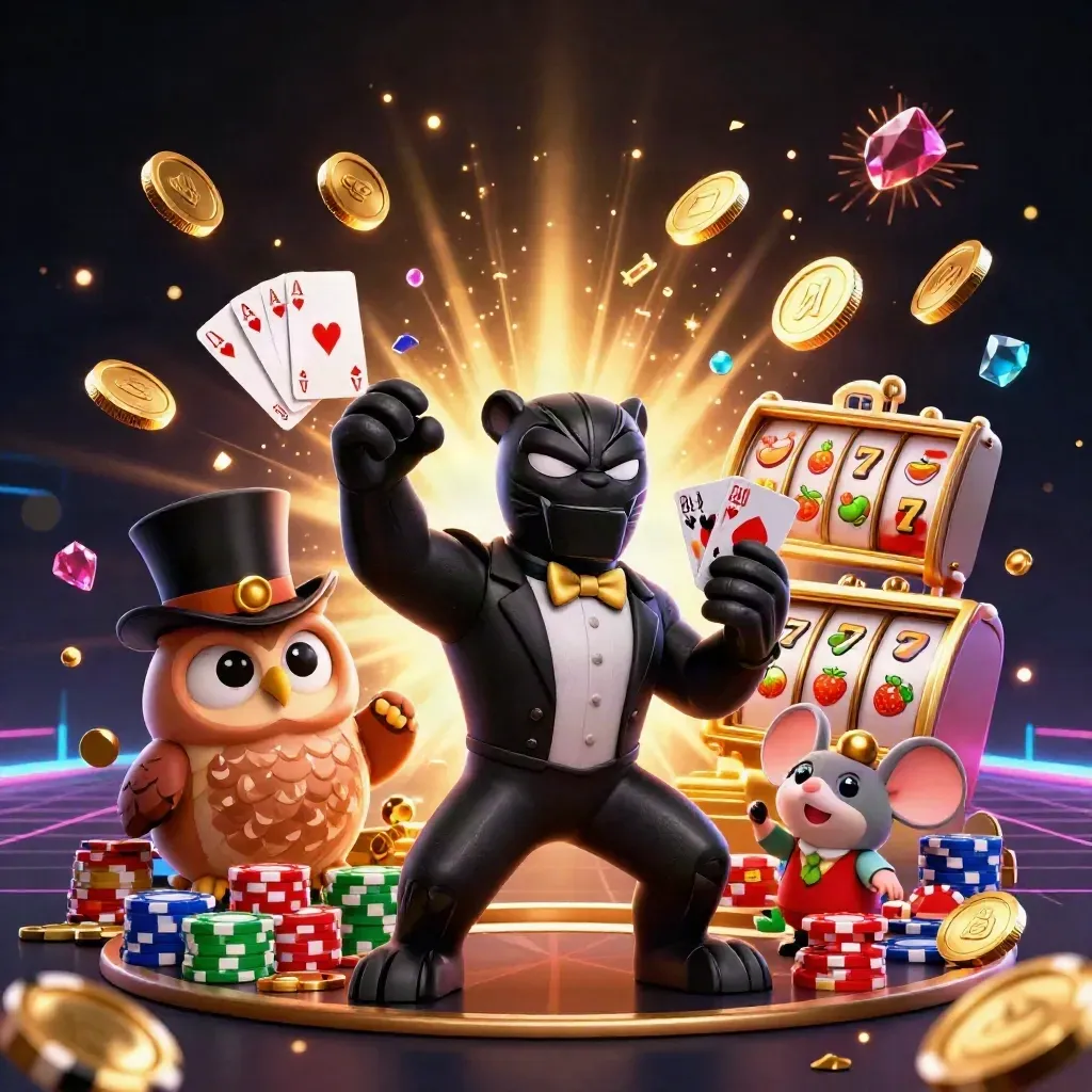 Panther, owl, and mouse celebrate amid coins, chips, roulette, and fireworks.
