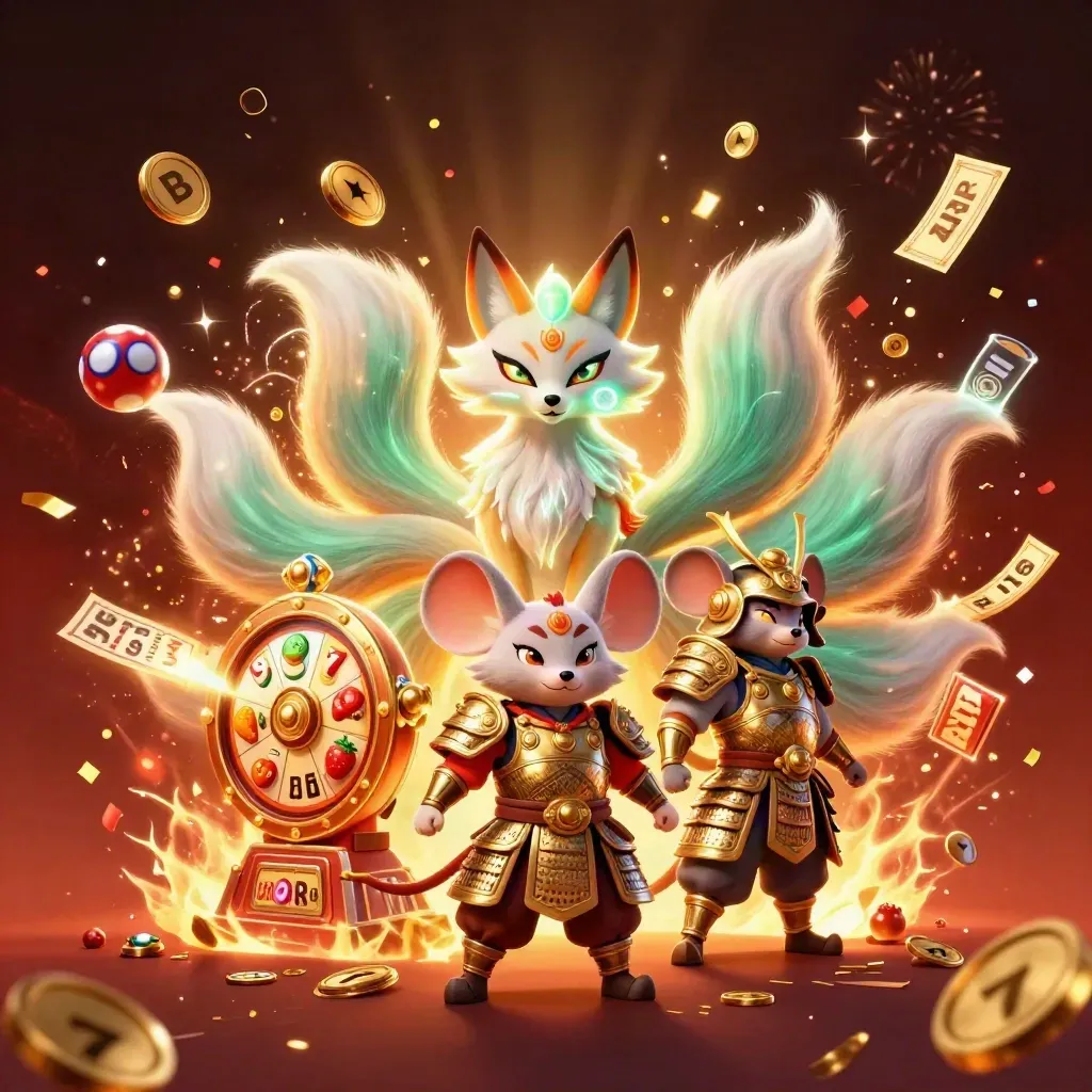 Fox spirit, samurai mouse, coins, prize wheel, lottery balls, fireworks in a luxe casino burst