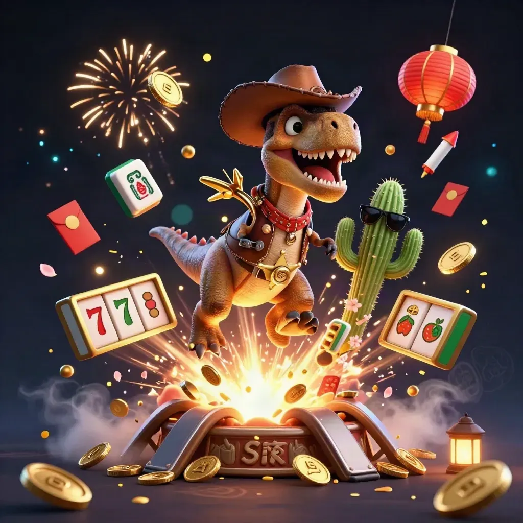 Cowboy T-Rex, cactus, and roadrunner amid exploding coins and fireworks in a dark casino sky