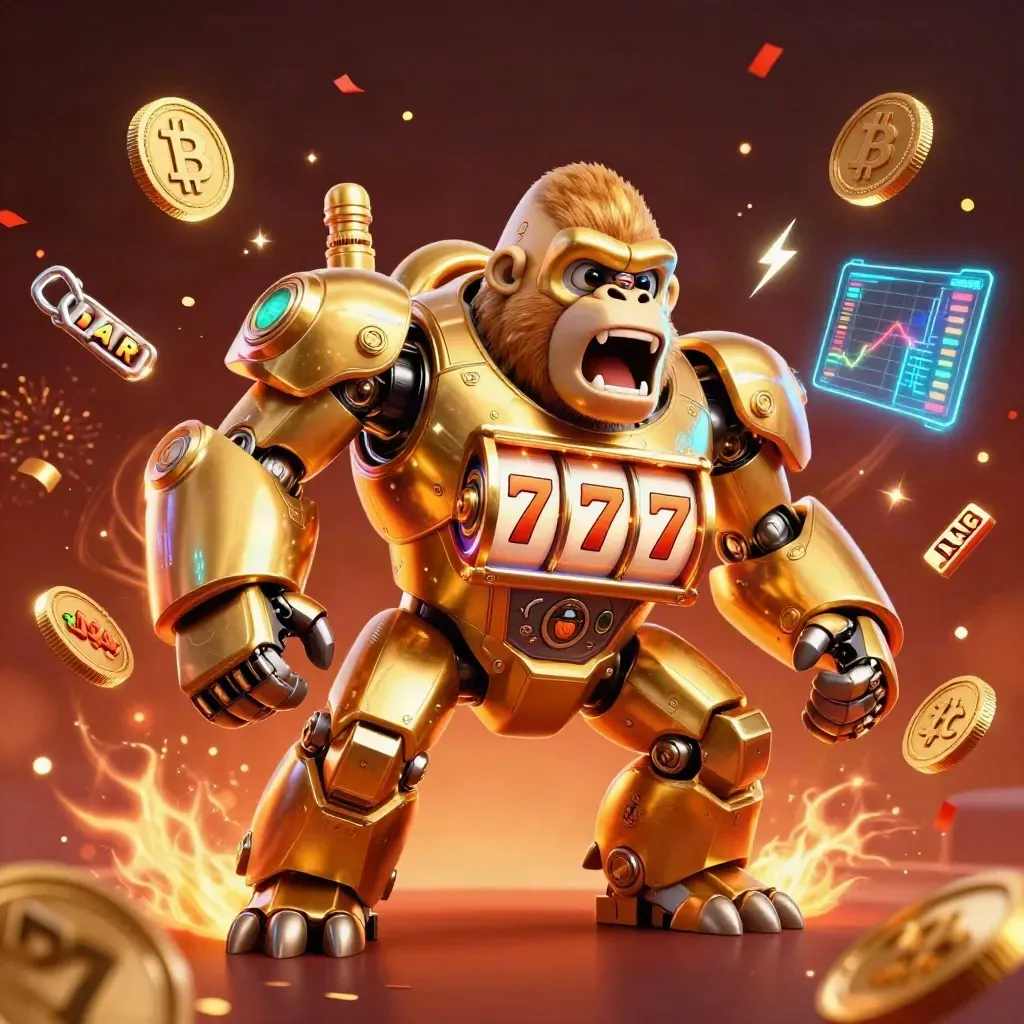 Golden gorilla slot mech with monkey pilot, coins, lightning, and ember-filled casino energy