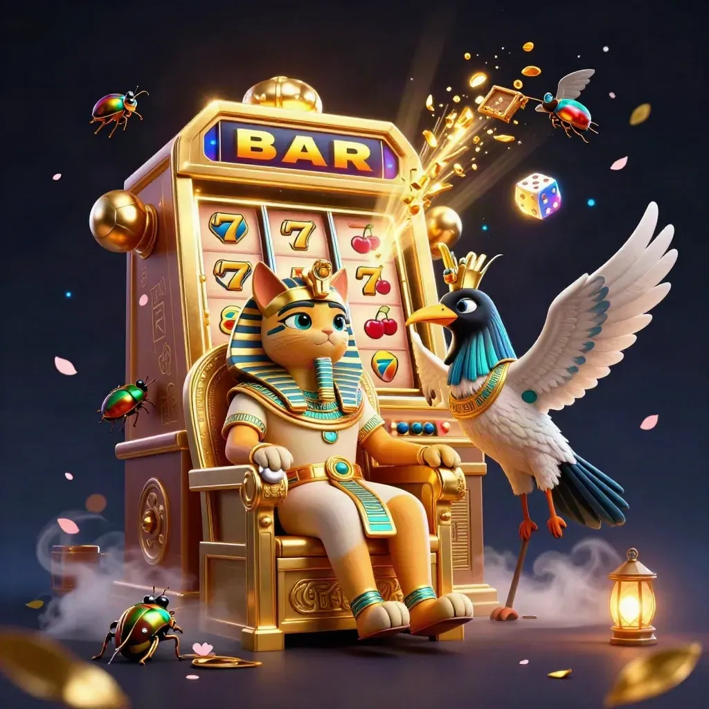 Pharaoh cat on throne with ibis scribe, scarabs, and a bursting slot machine jackpot scene.