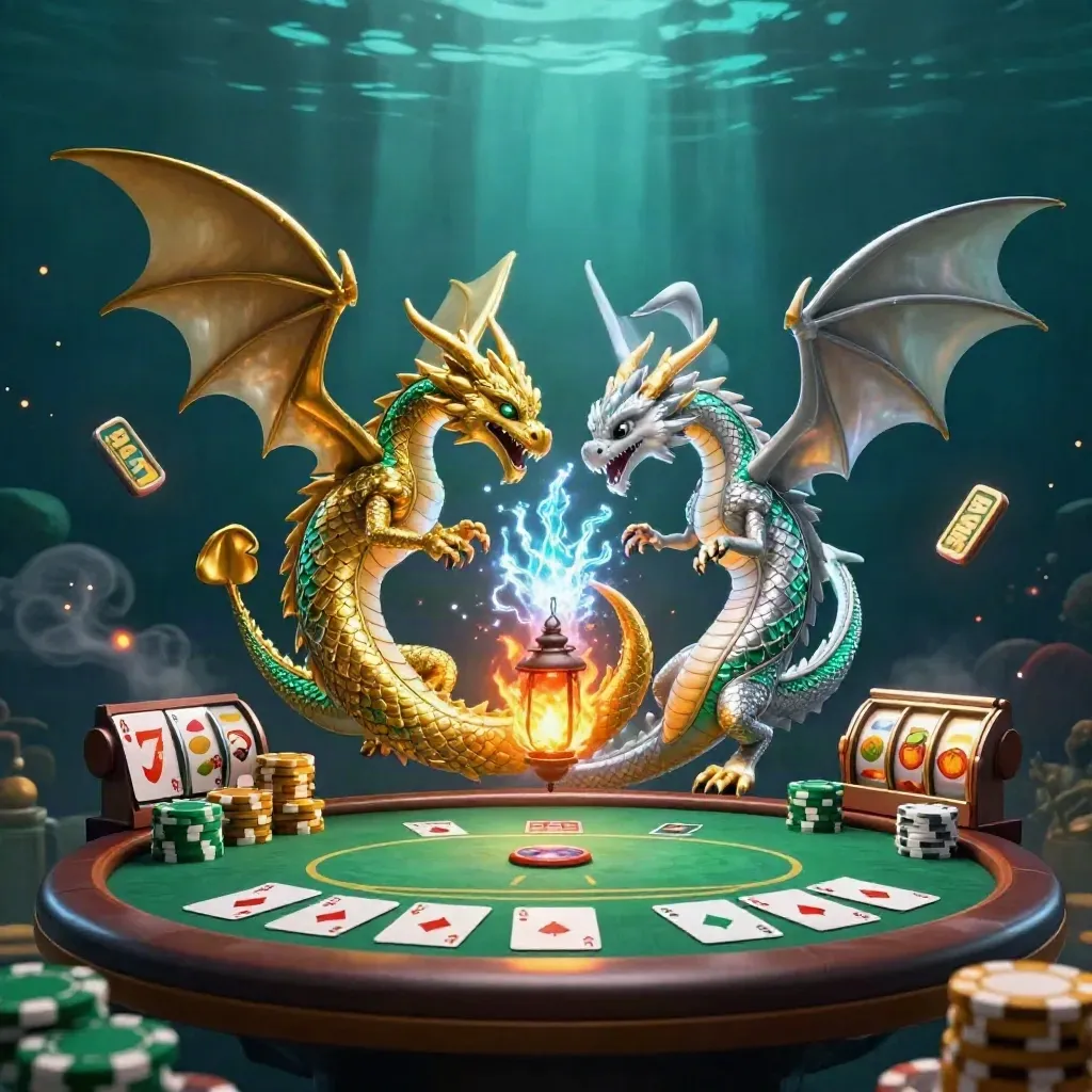 Intertwined gold and silver dragons with a lantern spirit, chips, reels, and casino sparks.